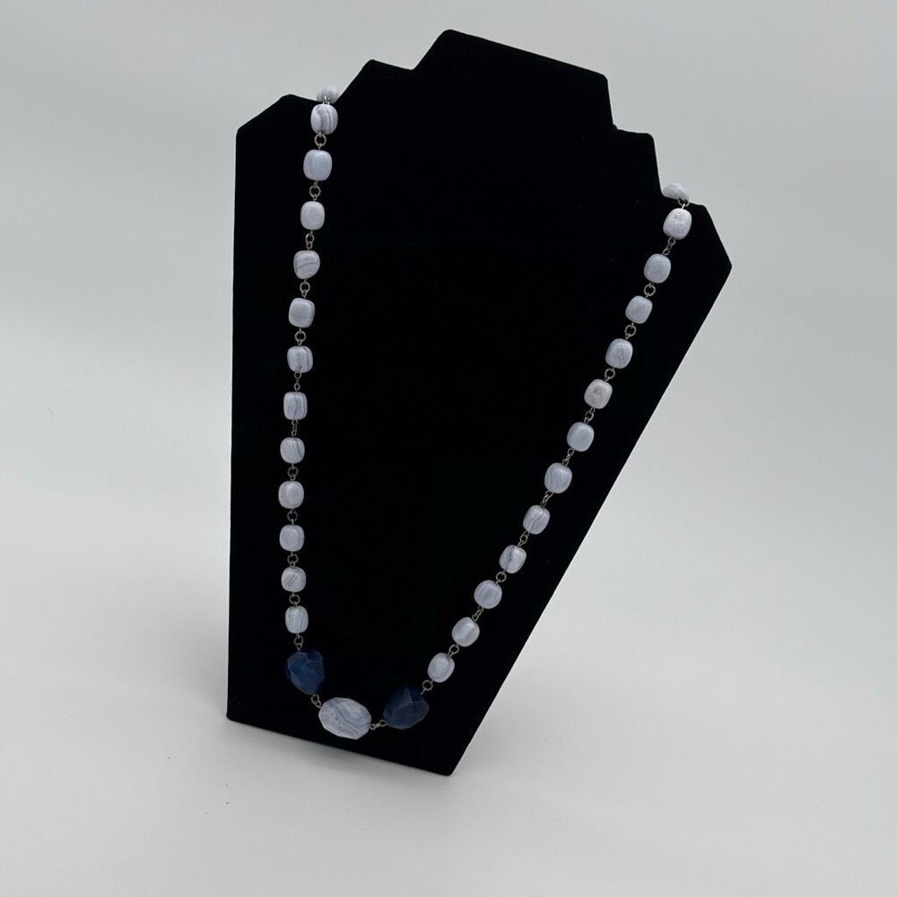 Vintage UBB Sterling Silver Blue‎ Lace Agate Necklace 30” Signed 925